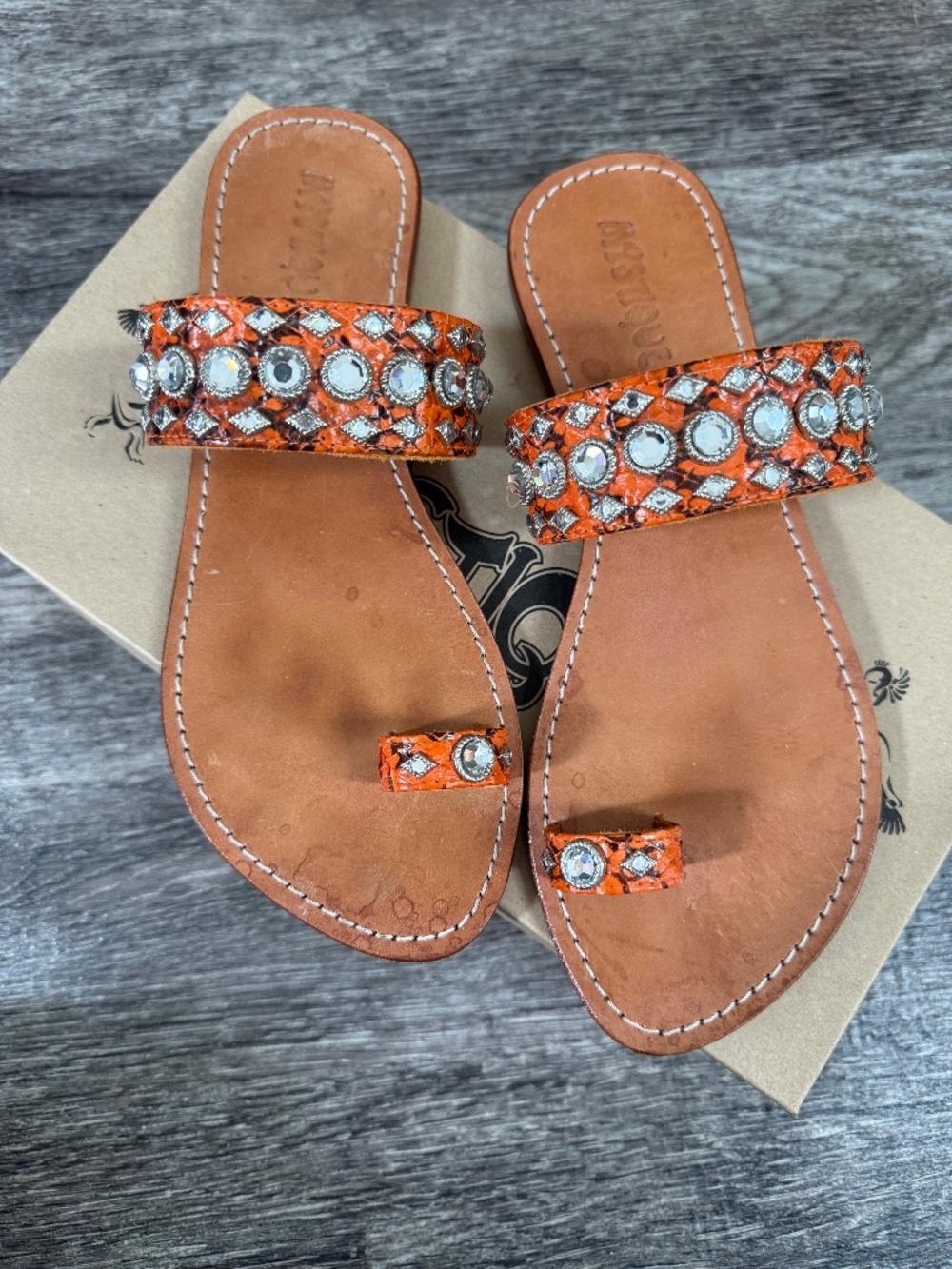 Vintage MYSTIQUE Orange Snakeskin Bejeweled Sandals 9